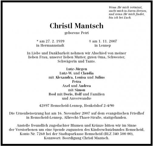 Petri Christl 1939-2007 Todesanzeige